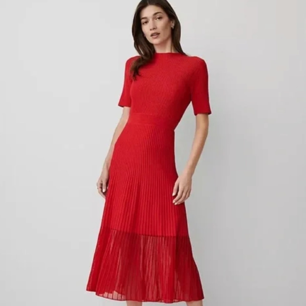 Ann Taylor Red Pleated Midi Dress